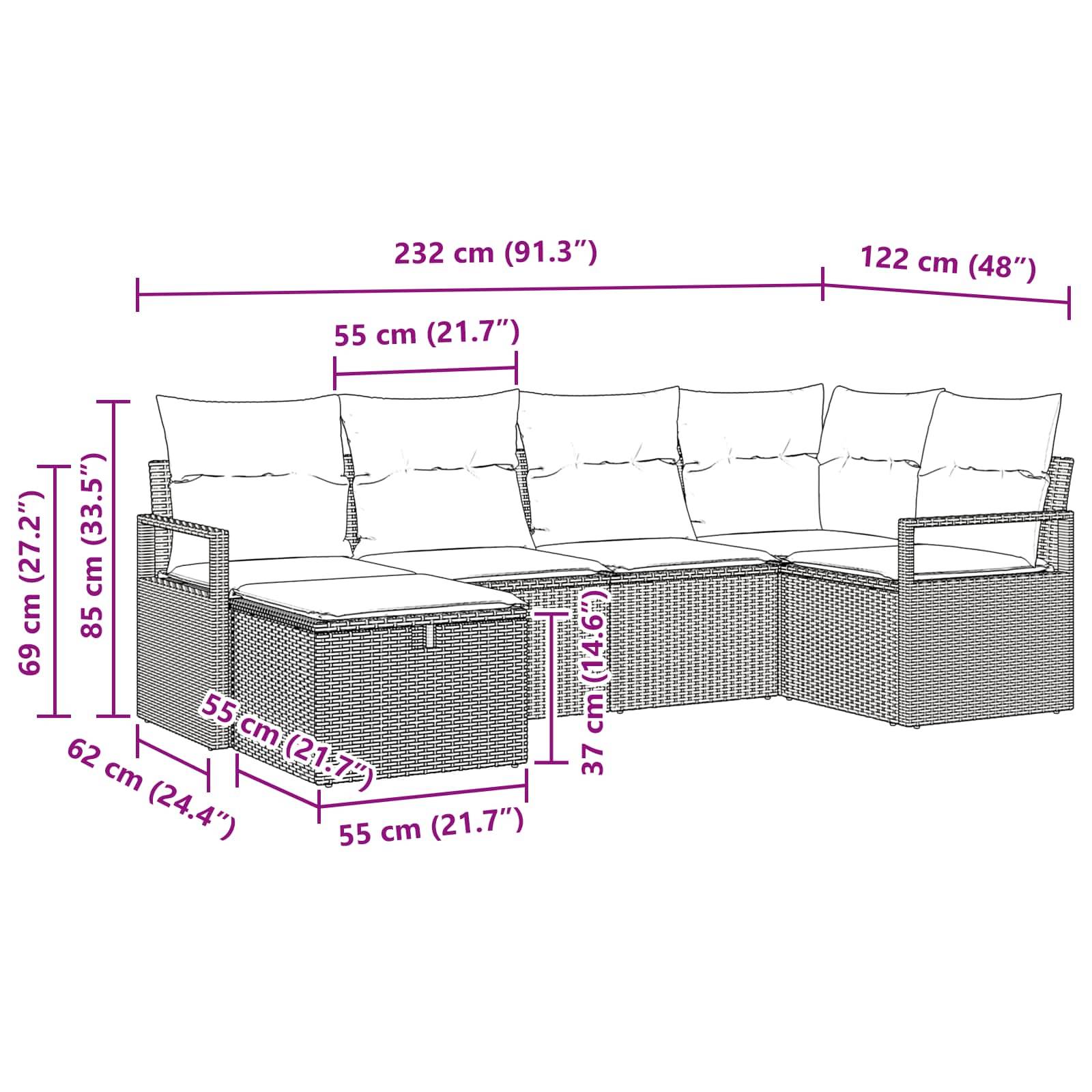 vidaXL Gartensofa-set mit Kissen mit Speicher 6 pcs Braun Poly-Rattan