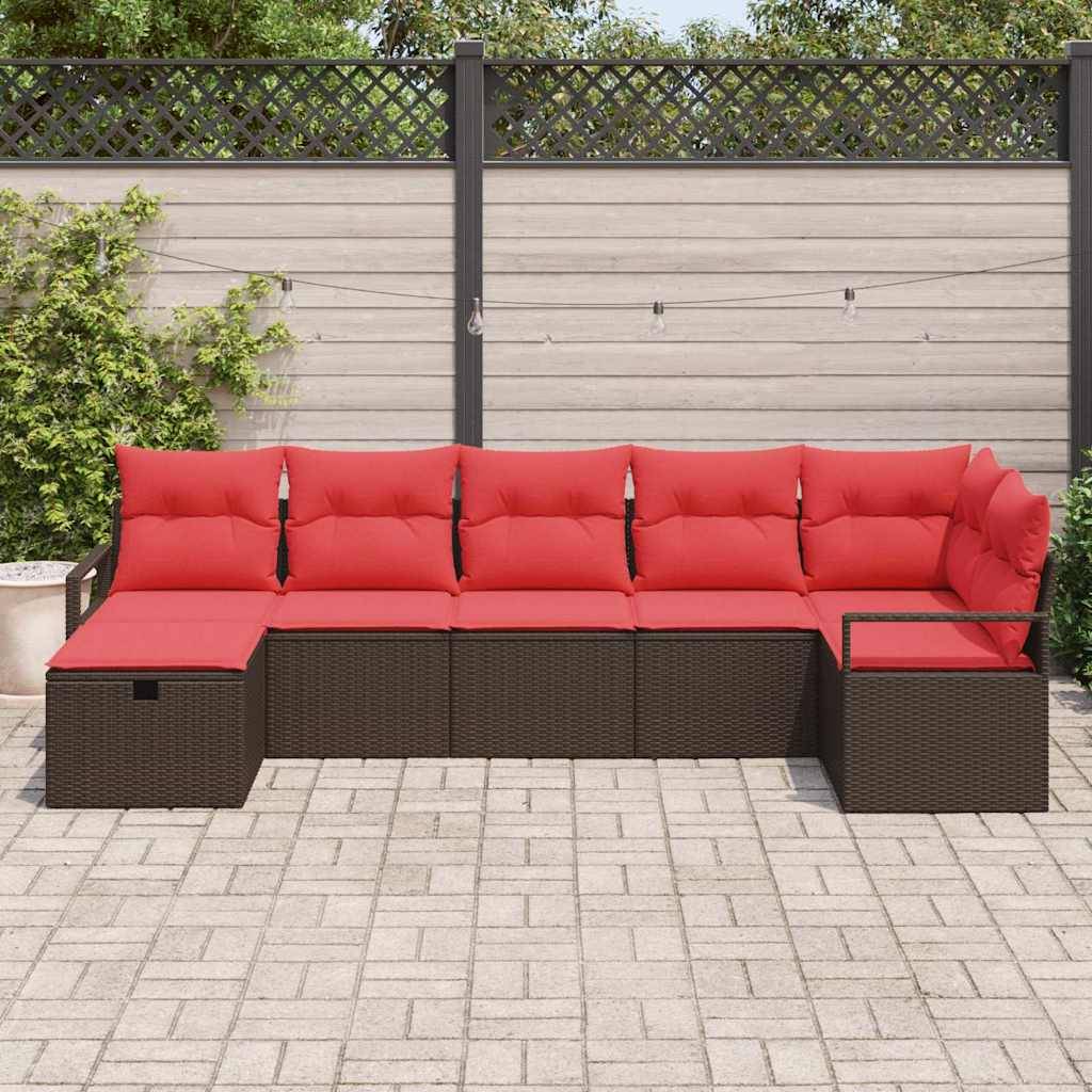 vidaXL Sofa Set mit Kissen 7 pcs Braun und Rot Poly-Rattan