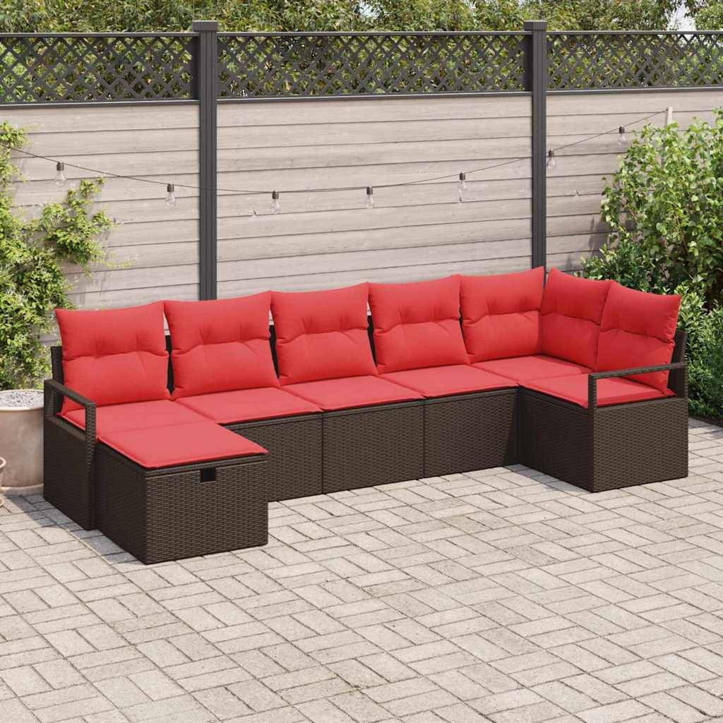 vidaXL Sofa Set mit Kissen 7 pcs Braun und Rot Poly-Rattan