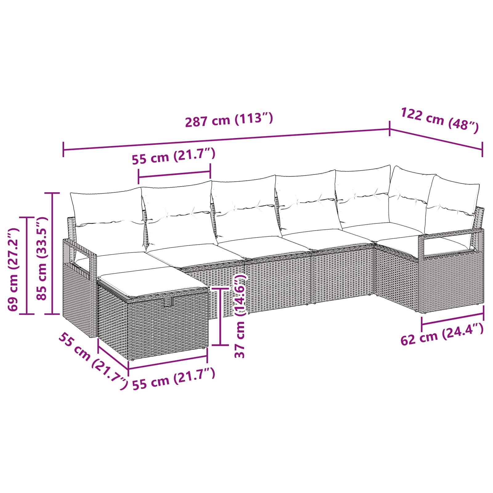 vidaXL Sofa Set mit Kissen 7 pcs Braun und Rot Poly-Rattan
