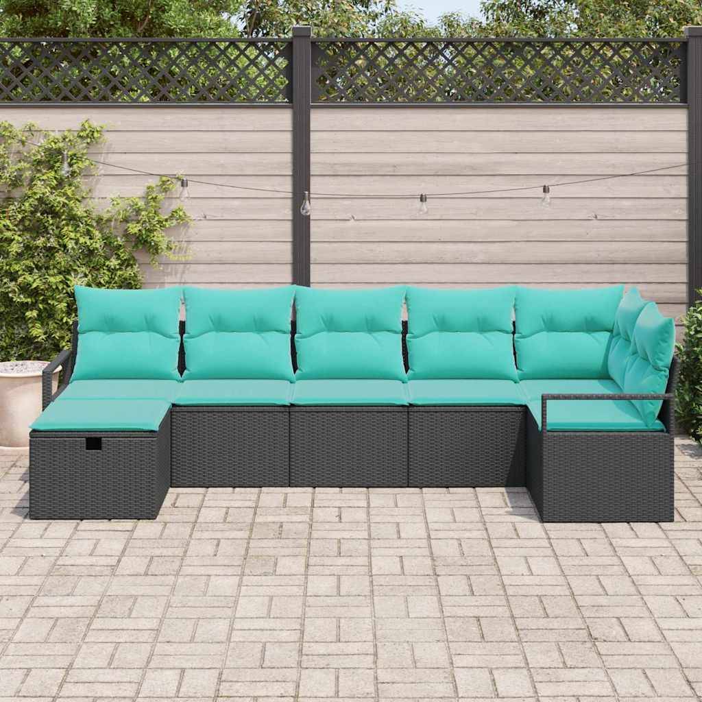 vidaXL Sofa Set mit Kissen 7 pcs Schwarz und Türkis Poly-Rattan