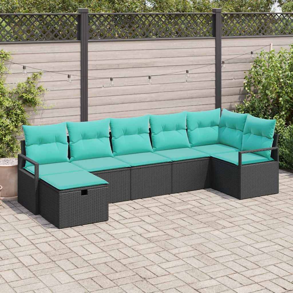 vidaXL Sofa Set mit Kissen 7 pcs Schwarz und Türkis Poly-Rattan