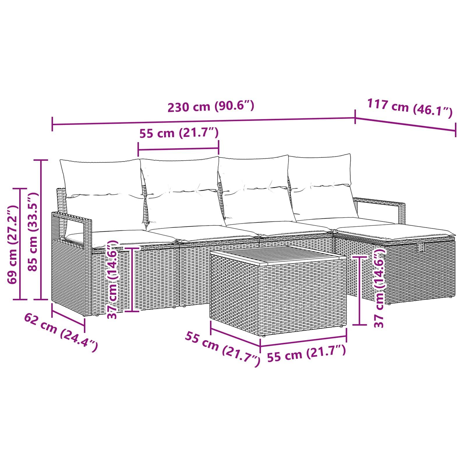 vidaXL Gartensofa-set mit Kissen mit Speicher 6 pcs Grau Poly-Rattan
