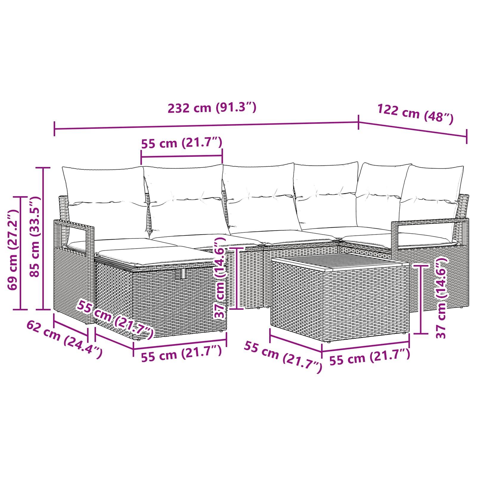vidaXL Gartensofa-set mit Kissen 7 pcs Schwarz Poly-Rattan