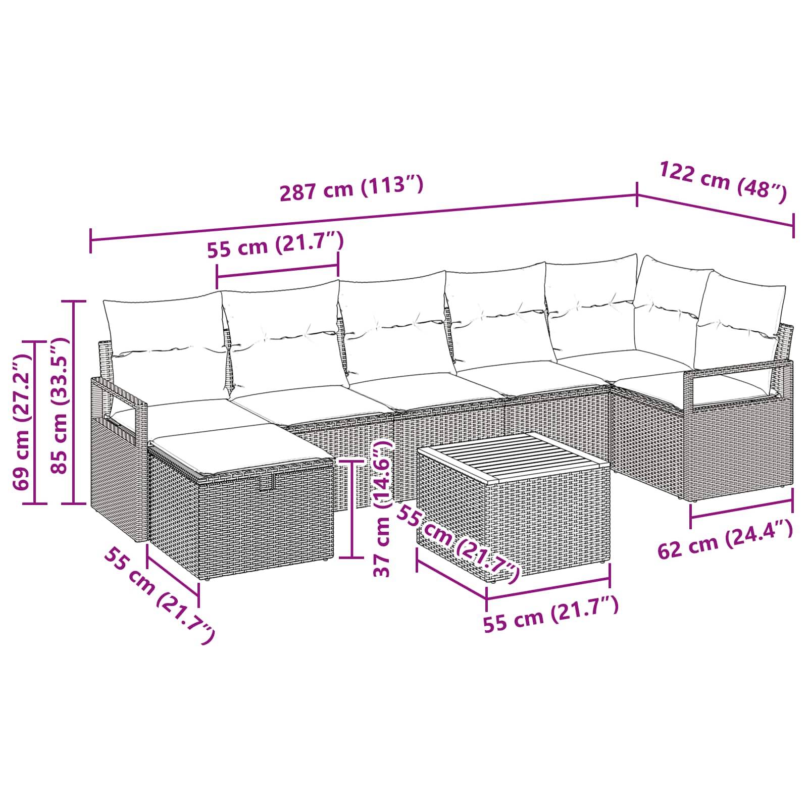 vidaXL Gartensofa-set mit Kissen mit Speicher 8 pcs Grau Poly-Rattan
