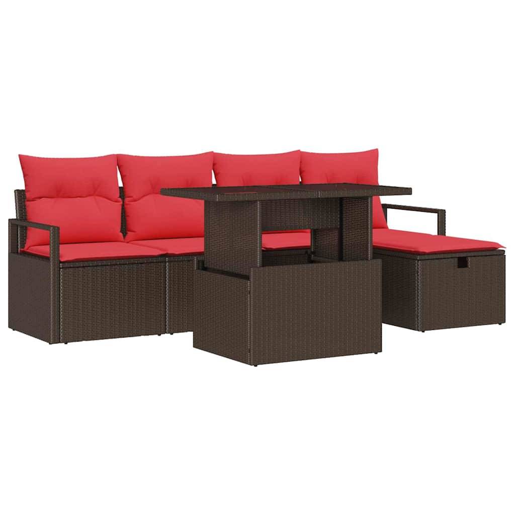 vidaXL Garten-Sofa-Set mit Kissen mit Speicher 6 pcs Braun Poly Rattan