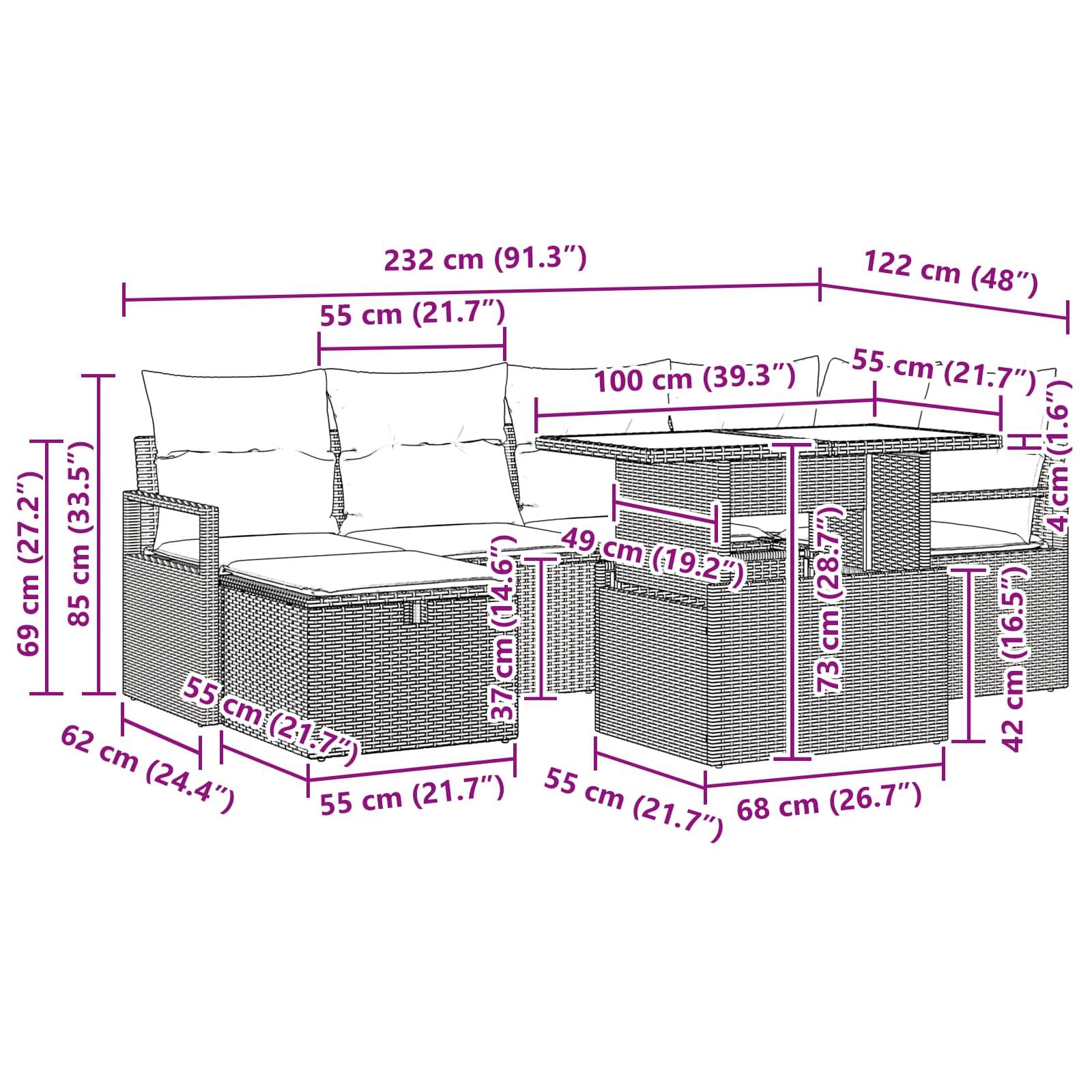 vidaXL Garten-Sofa-Set mit Kissen mit Speicher 7 pcs Braun Poly Rattan