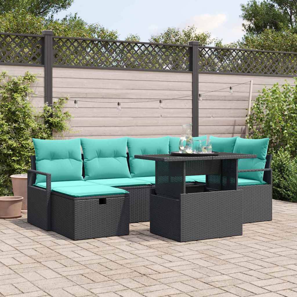 vidaXL Garten-Sofa-Set mit Kissen 7 pcs Schwarz Poly Rattan