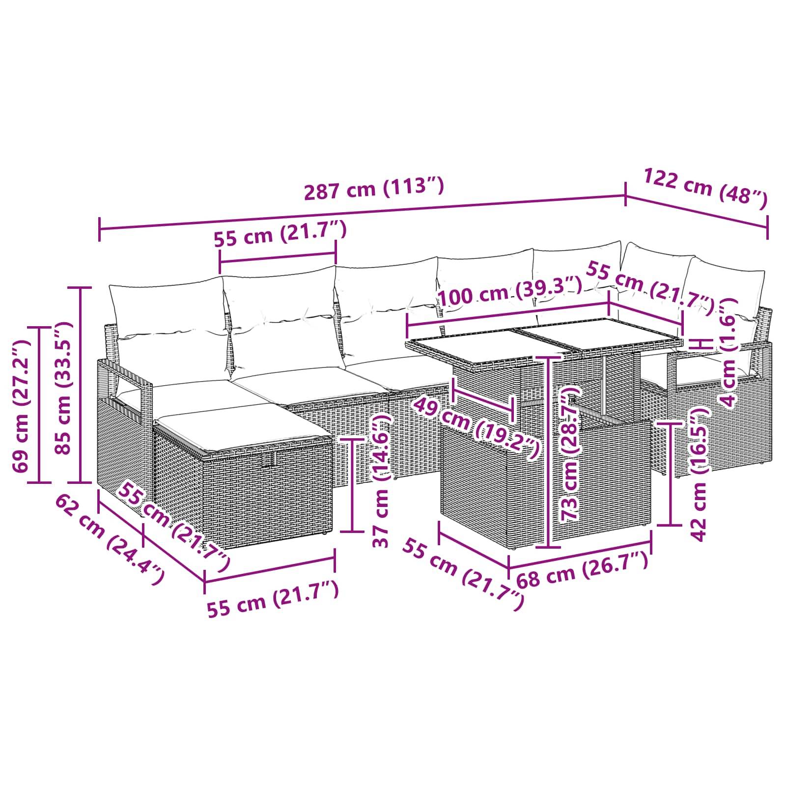 vidaXL Gartensofa-set mit Kissen mit Speicher 8 pcs Braun Poly-Rattan