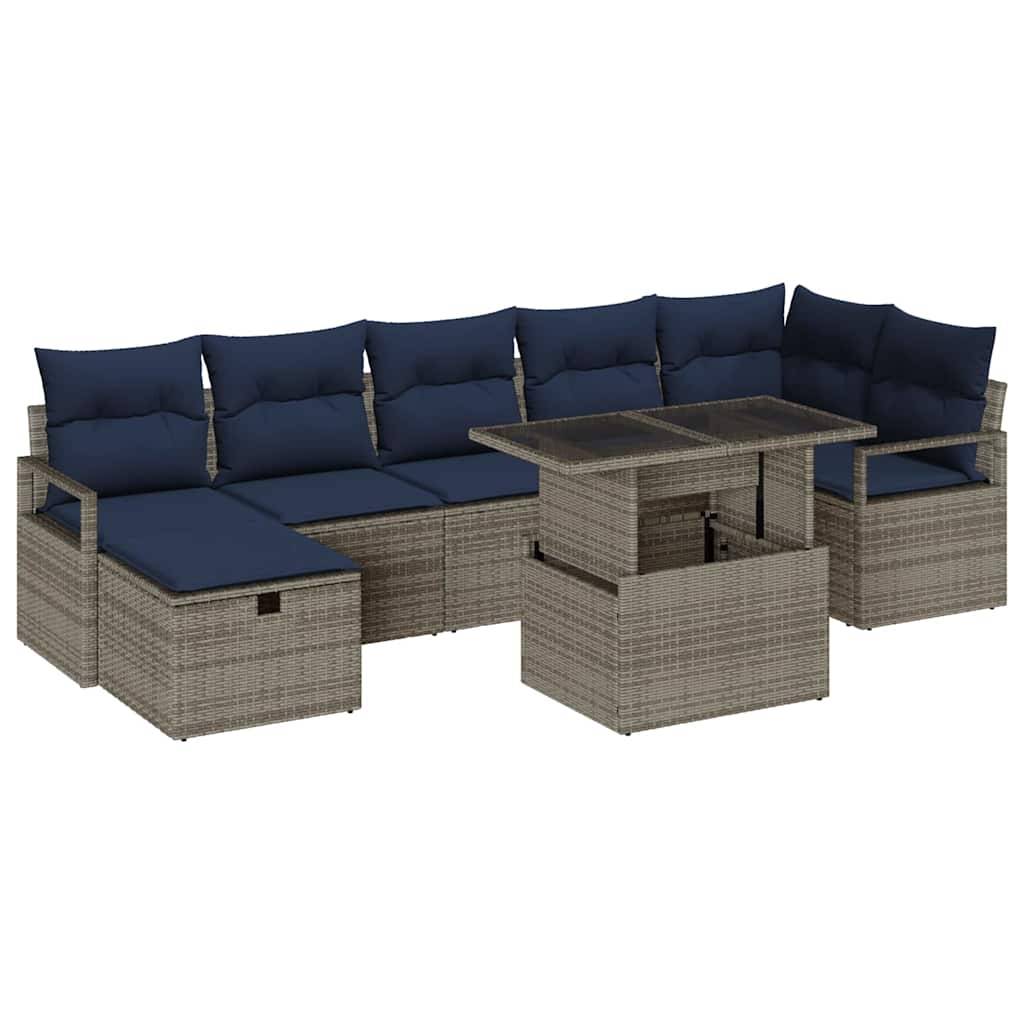 vidaXL Garten-Sofa-Set mit Kissen mit Speicher 8 pcs Grau Poly Rattan