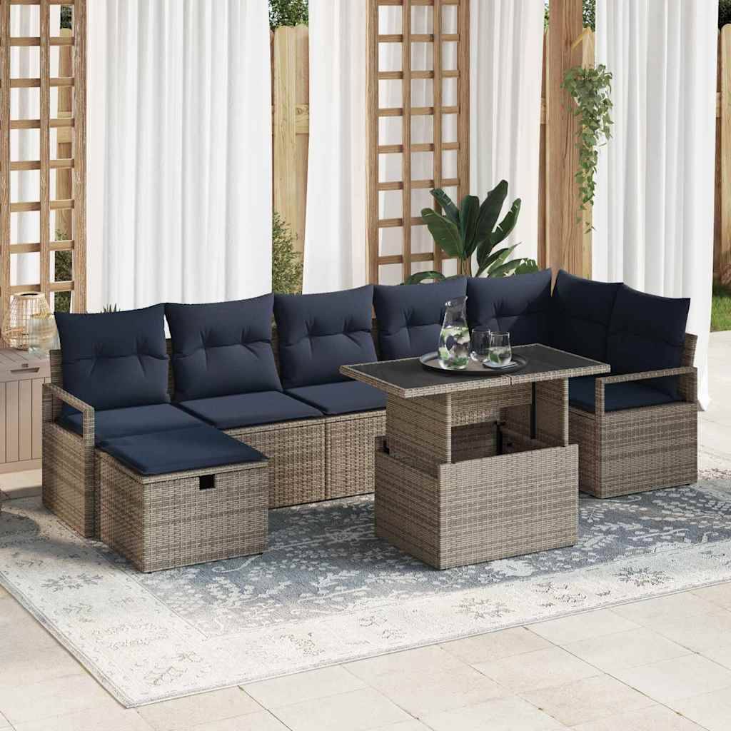 vidaXL Garten-Sofa-Set mit Kissen mit Speicher 8 pcs Grau Poly Rattan