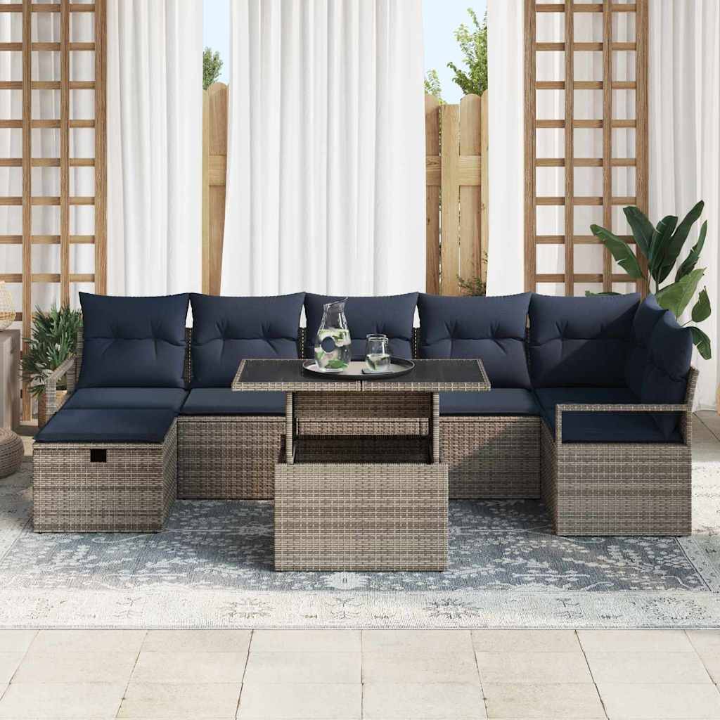 vidaXL Garten-Sofa-Set mit Kissen mit Speicher 8 pcs Grau Poly Rattan