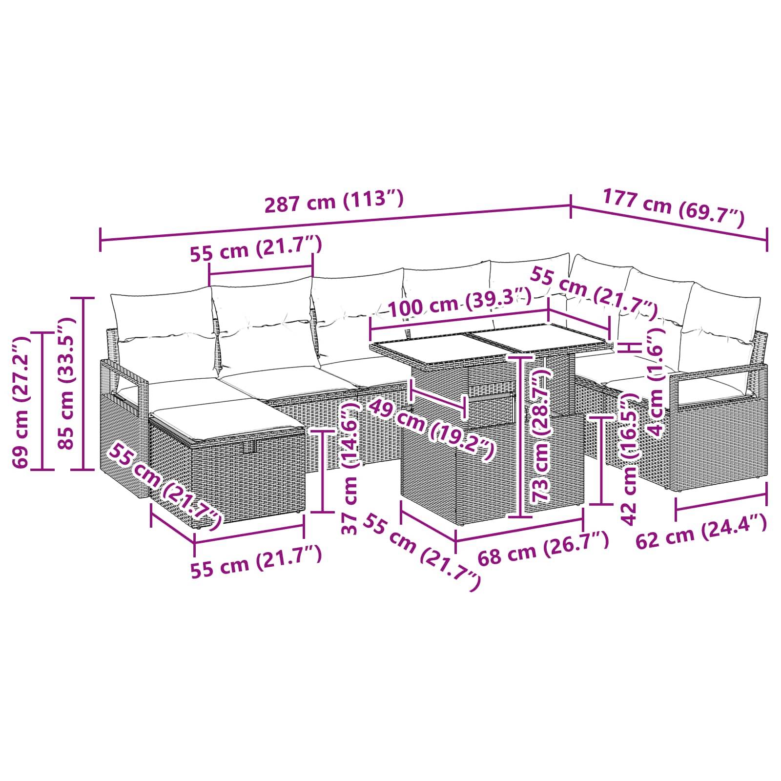 vidaXL Gartensofa-set mit Kissen mit Speicher 9 pcs Poly-Rattan