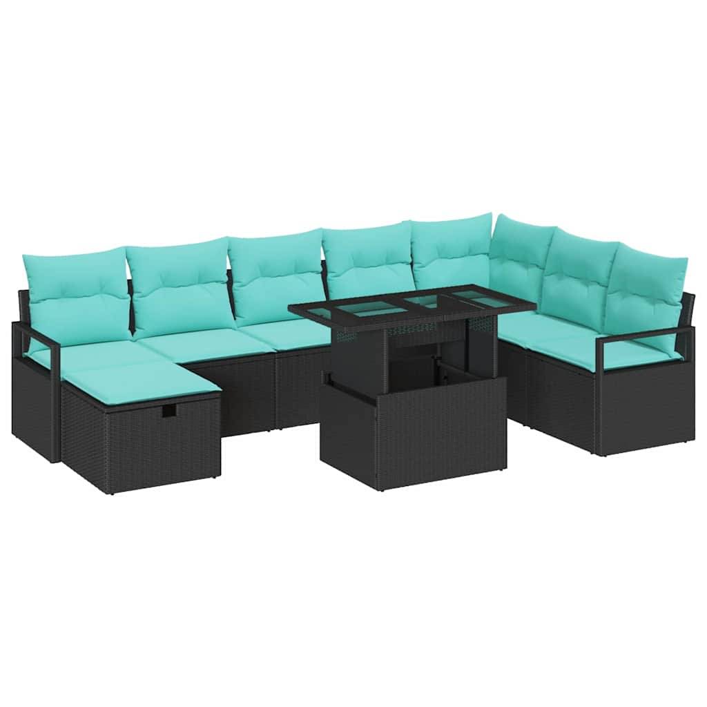 vidaXL Garten-Sofa-Set mit Kissen 9 pcs Schwarz Poly Rattan