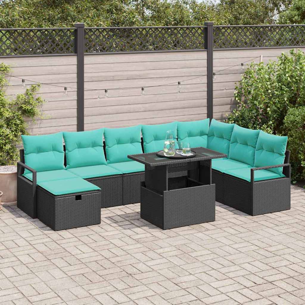 vidaXL Garten-Sofa-Set mit Kissen 9 pcs Schwarz Poly Rattan