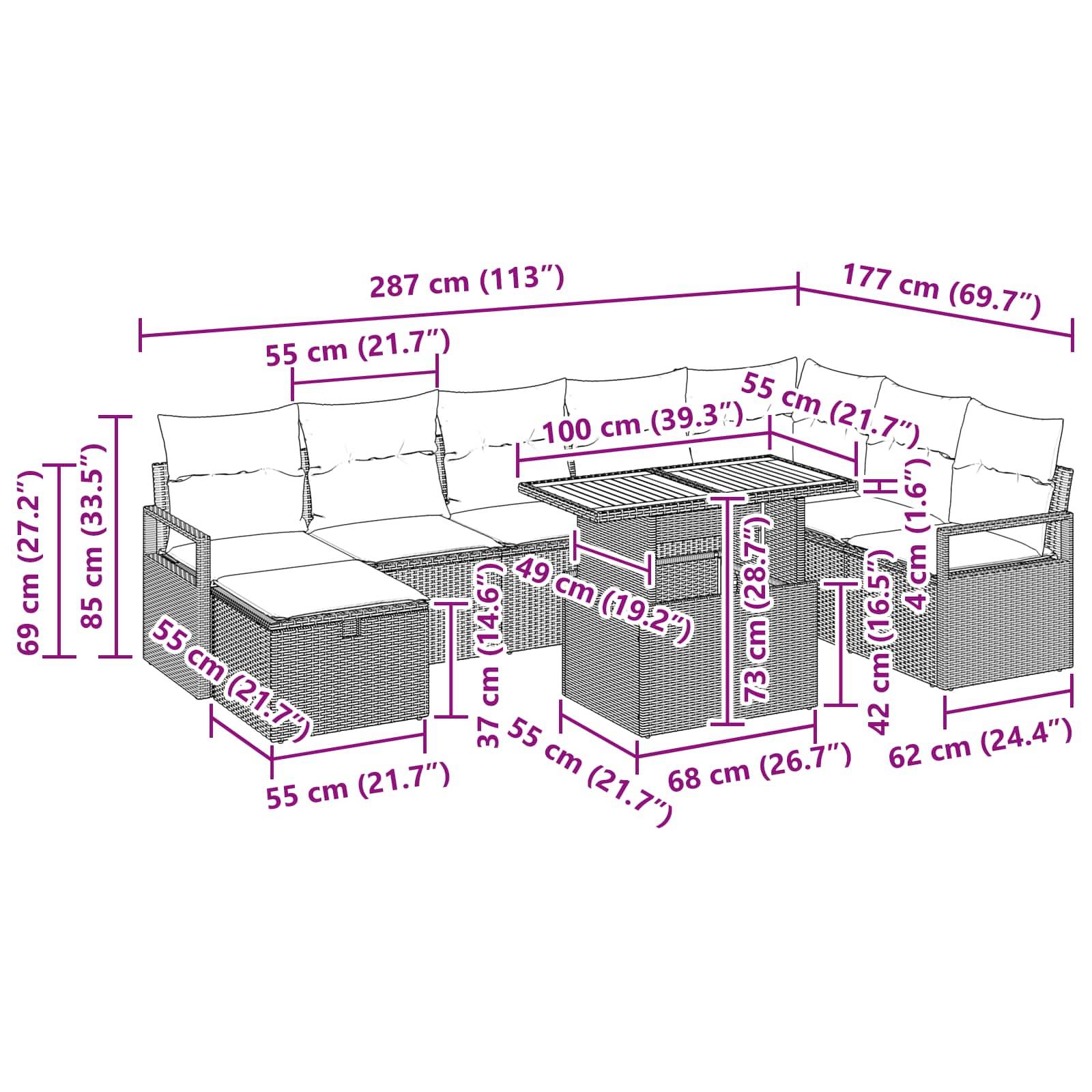 vidaXL Gartensofa-set mit Kissen mit Speicher 9 pcs Grau Poly-Rattan