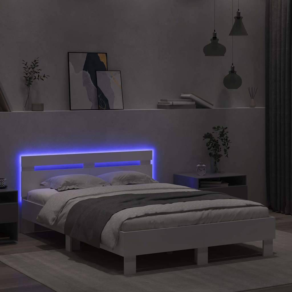 vidaXL Bettrahmen mit LED mit Kopfteil Weiß 137 x 190 cm Holzwerkstoff