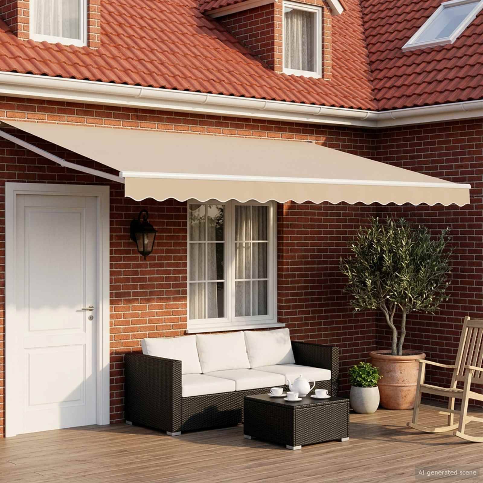 Backsteinhaus-Terrasse mit beigem ausfahrbarem Markise, Außensofa und Tisch, Topfpflanzen und Schaukelstuhl.