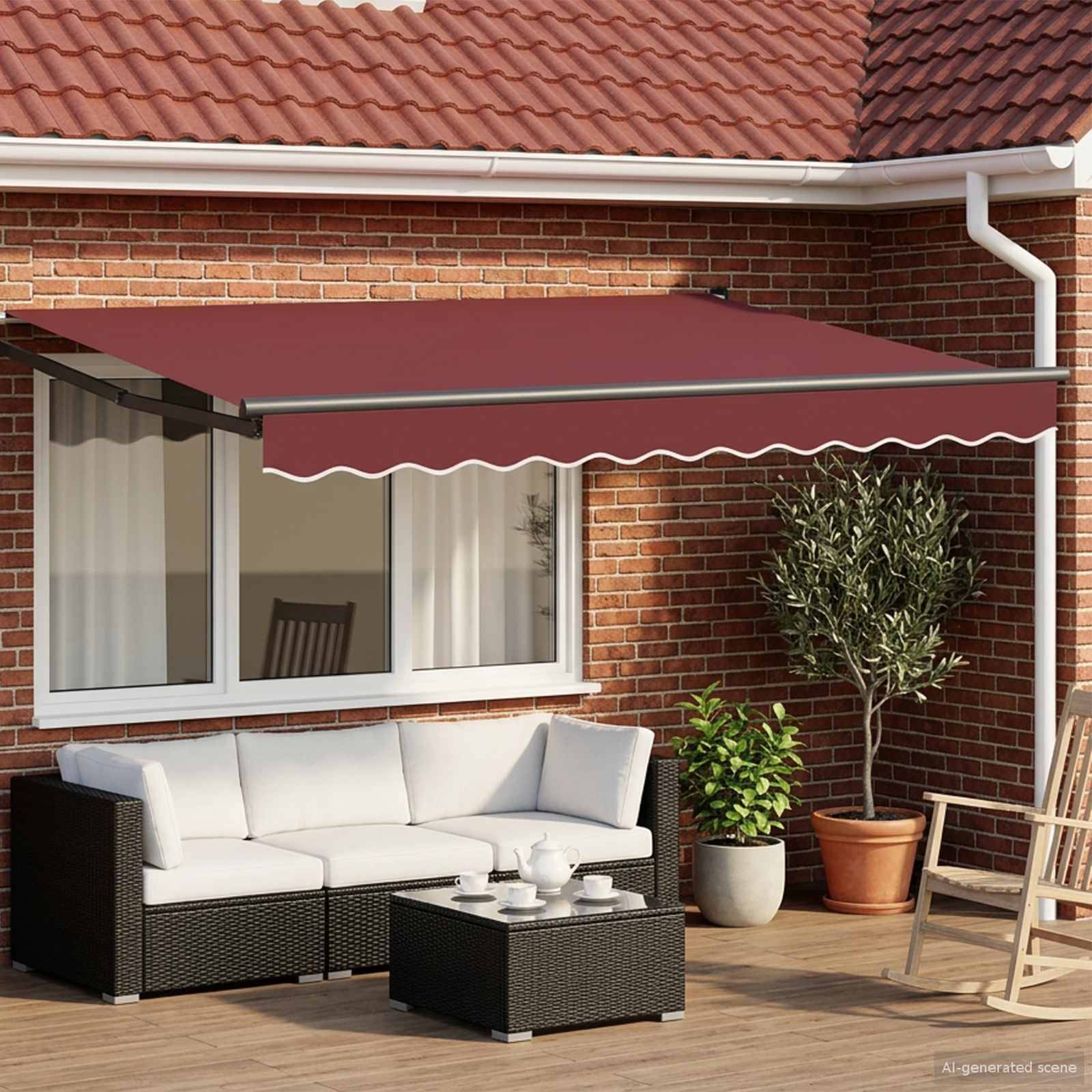 Terrasse mit burgunderroter ausfahrbarer Markise über Außensitzbereich: weiße Sektionalcouch, Couchtisch, Topfpflanzen und Holzstuhl vor einem Backsteinhaus.