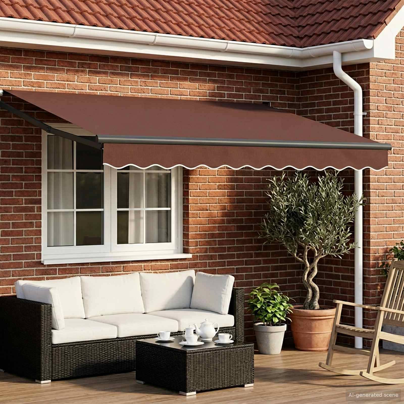 Terrasse mit brauner einziehbarer Markise über einem Korbsofa, Couchtisch, Topfpflanzen und Holzstuhl neben einer Backsteinmauer des Hauses.