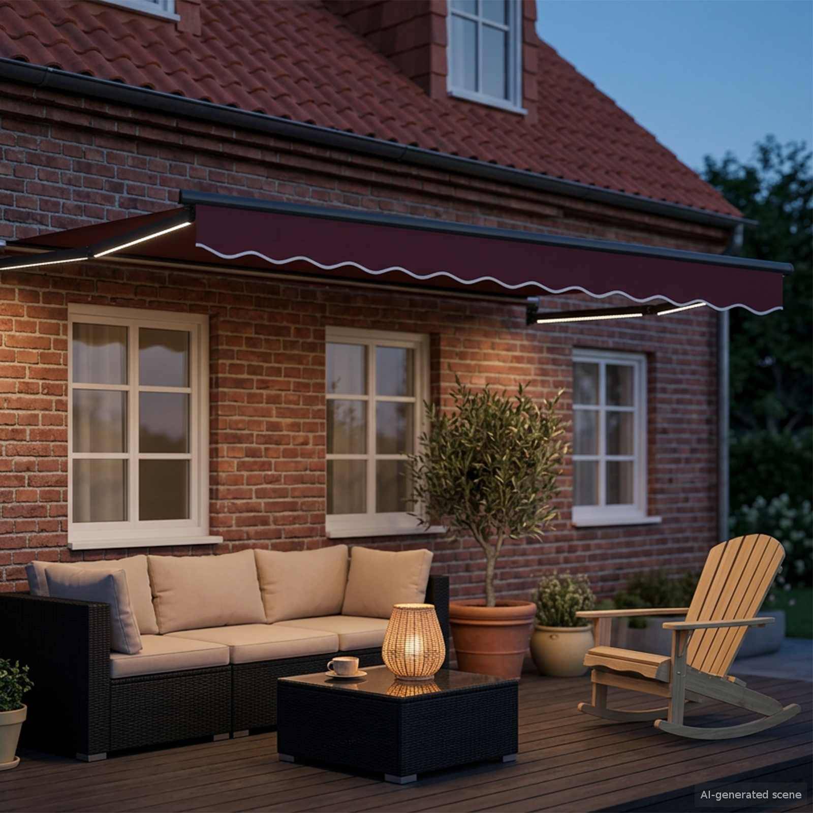 Hinterhofterrasse mit Outdoor-Sofa, Couchtisch, Schaukelstuhl, Topfpflanzen und einer an der Wand angebrachten Markise an einem Ziegelsteinhaus in der Dämmerung.