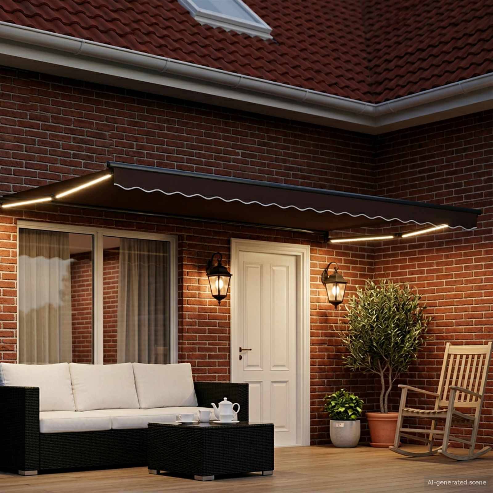 Überdachte Ziegelmauer-Terrasse mit weißem Sofa, Couchtisch, Schaukelstuhl, Topfpflanzen und Markise neben einer Haustür und Fenstern.