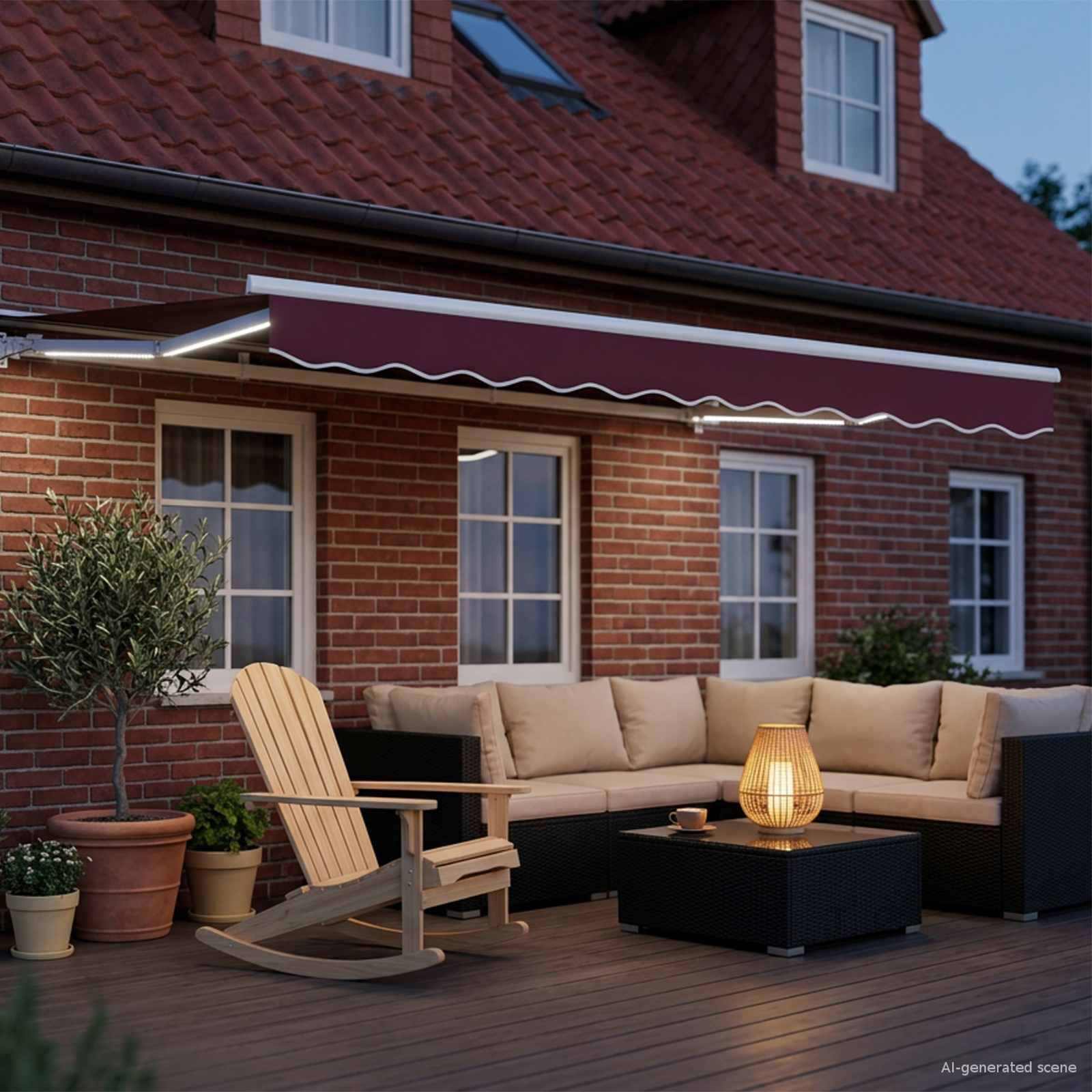 Außenbereich einer Terrasse mit einem Schaukelstuhl, einer Wohnlandschaft, einem Couchtisch, Topfpflanzen und einer beleuchteten Markise an einem Backsteinhaus in der Dämmerung.