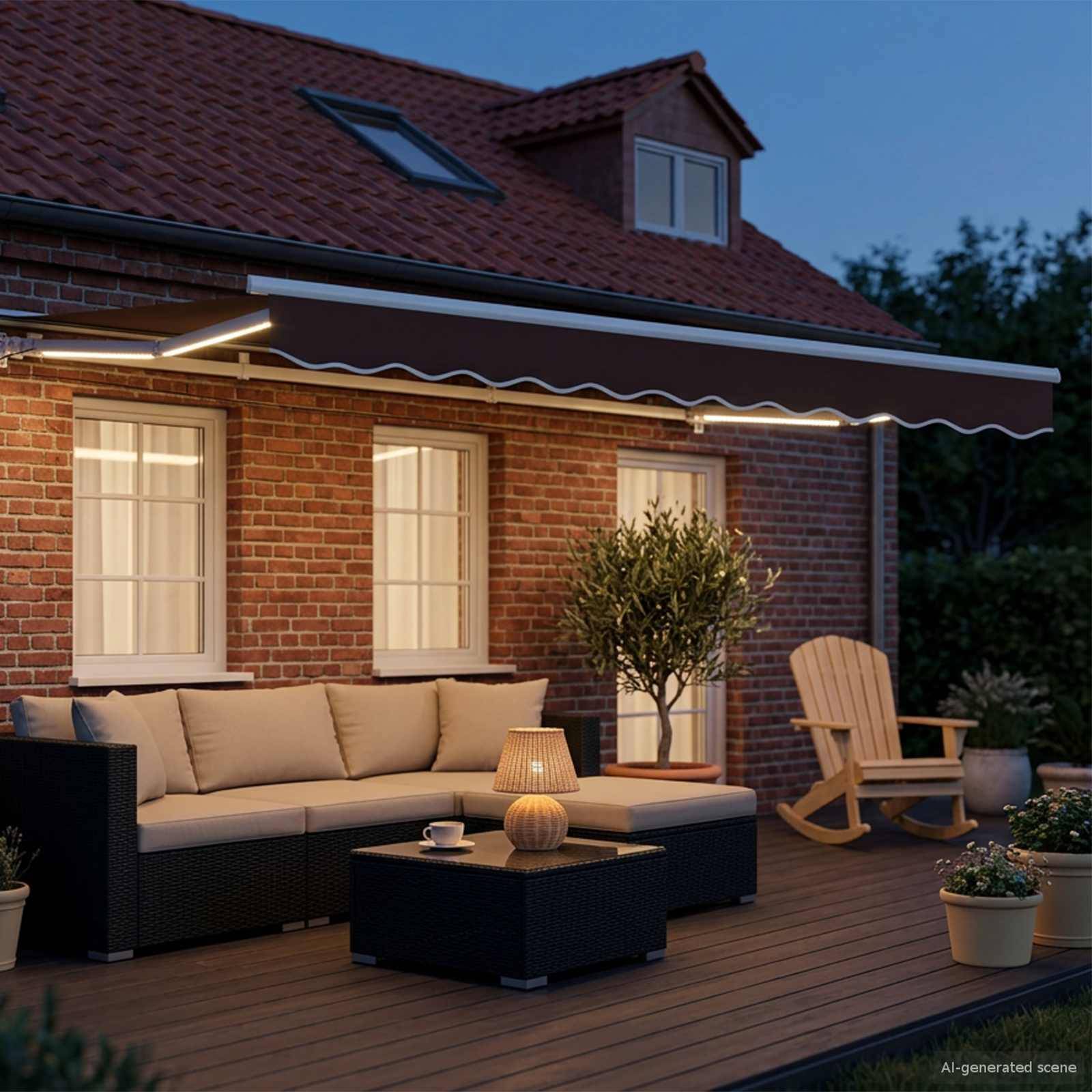 Hinterhof-Terrasse bei Dämmerung mit Ecksofa, Couchtisch, Schaukelstuhl, Topfpflanzen und beleuchteter Markise neben einem Backsteinhaus.