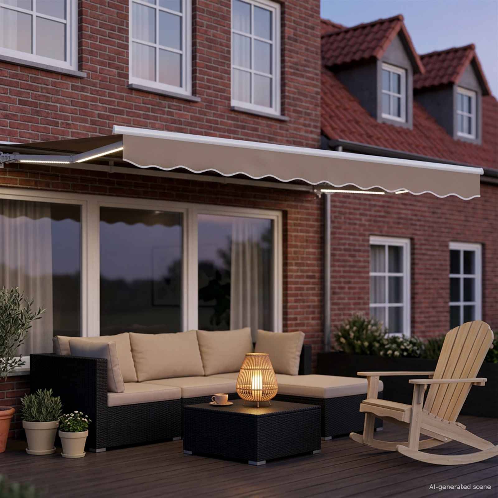 Hinterhof-Terrasse mit beigem Ecksofa, Couchtisch-Lampe und Holzschaukelstuhl unter einer ausfahrbaren Markise neben einem Backsteinhaus.