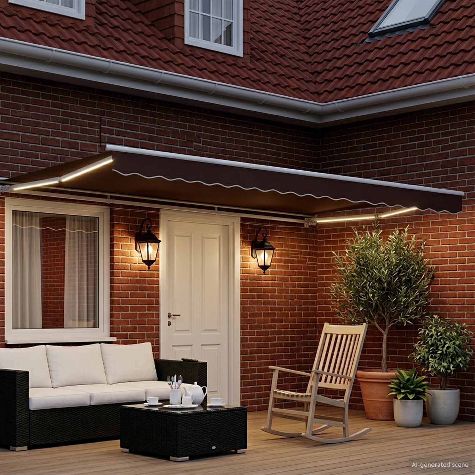 Ziegelmauer-Terrasse mit einer Überdachung, Sofa, Schaukelstuhl, Couchtisch und Topfpflanzen neben einer weißen Tür und Laternen.