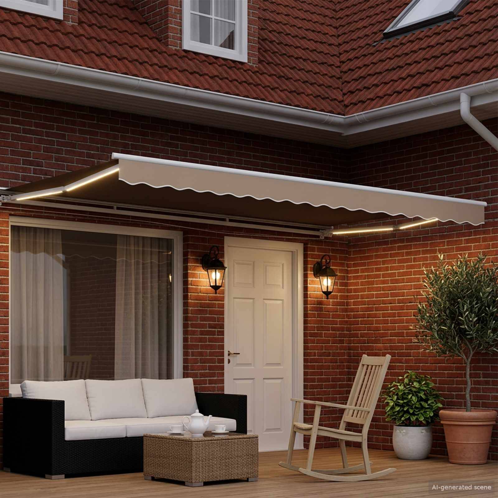Backsteinhaus-Terrasse mit ausfahrbarem Markise, Outdoor-Sofa, Couchtisch, Schaukelstuhl und Topfpflanzen neben einer weißen Tür und einem Schiebefenster.