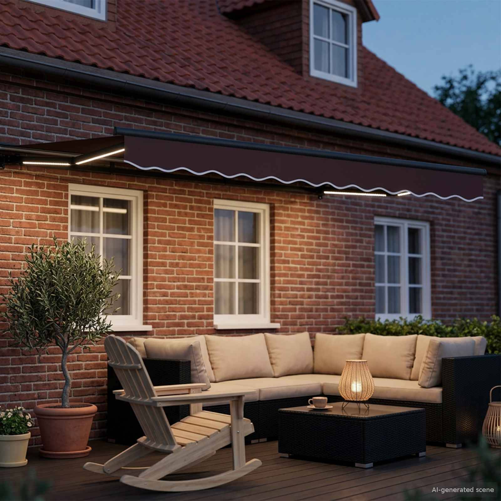 Sitzbereich auf der Hinterhofterrasse neben einem Backsteinhaus mit einem L-förmigen Sofa, einem Schaukelstuhl, einem Couchtisch und einem Topfbaum unter einer beleuchteten Markise in der Dämmerung.