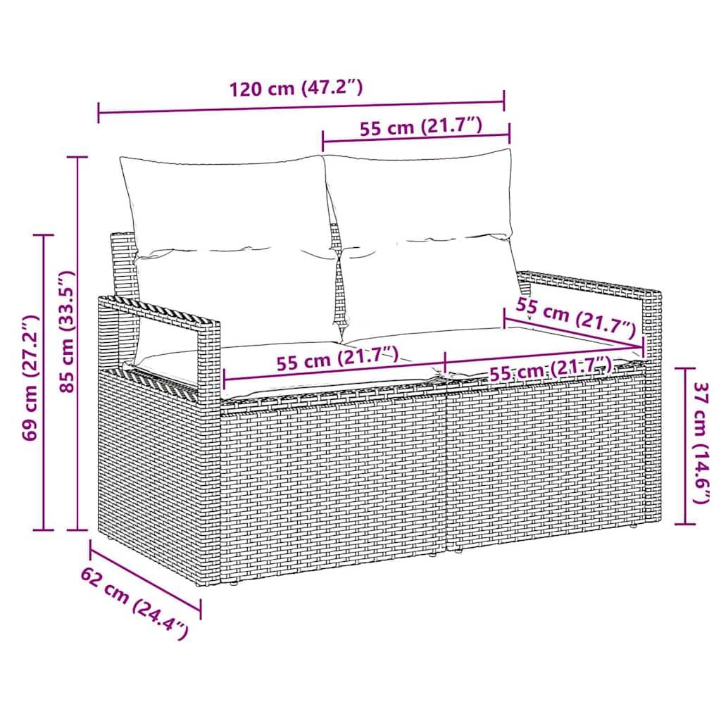 vidaXL Garten-Sofa mit Kissen 120 x 62 x 69 cm Poly-Rattan