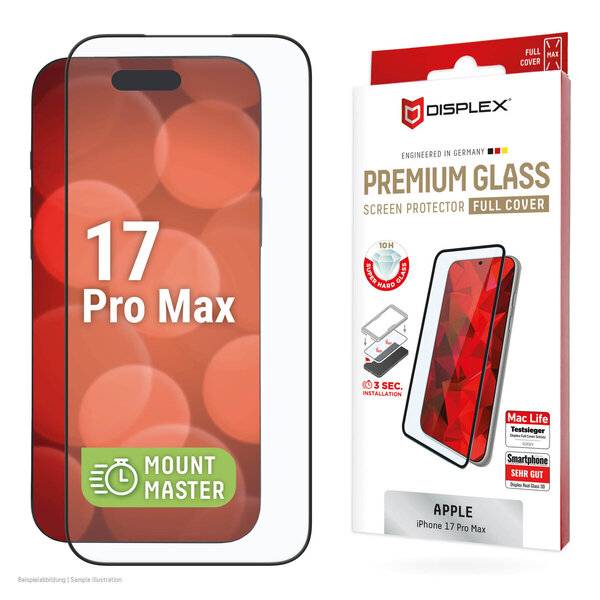 Displex Premium-Glasschutzfolie für Apple iPhone 17 Pro Max, Vollabdeckung, gezeigt mit Installationsgrafik und Verpackung.