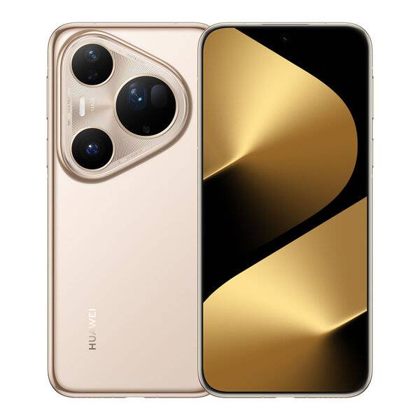 Vorder- und Rückansicht eines goldenen Huawei-Smartphones mit dreifacher Rückkamera und einem schwarz-goldenem abstrakten Display auf der Vorderseite.
