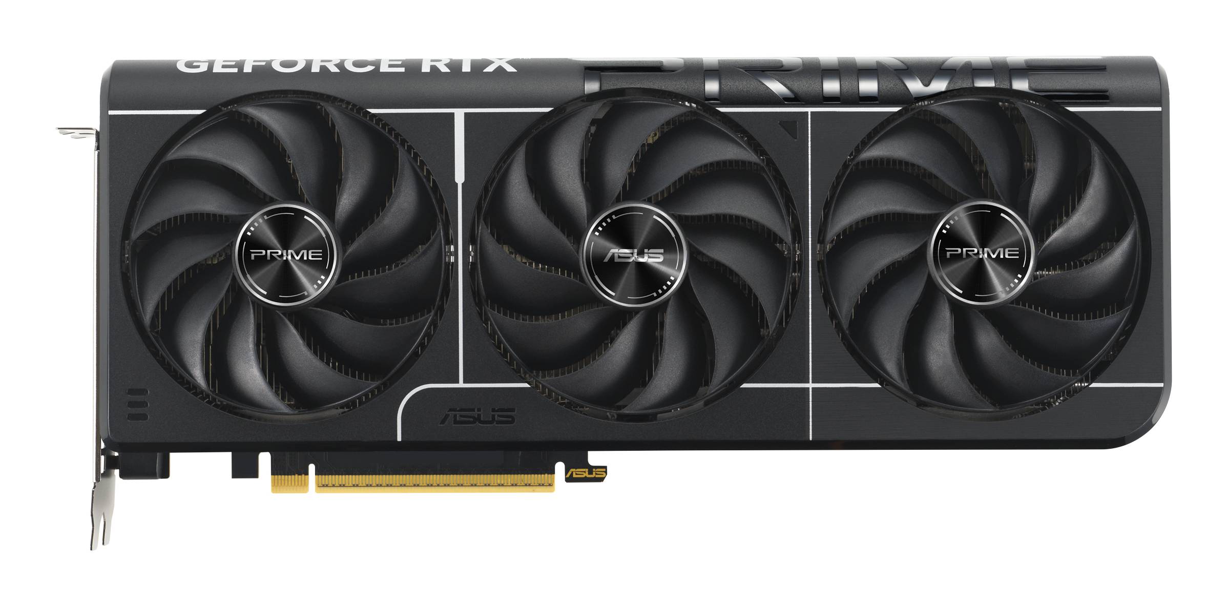 ASUS GeForce RTX Grafikkarte mit drei Kühlventilatoren auf einer schwarzen und silbernen Verkleidung.