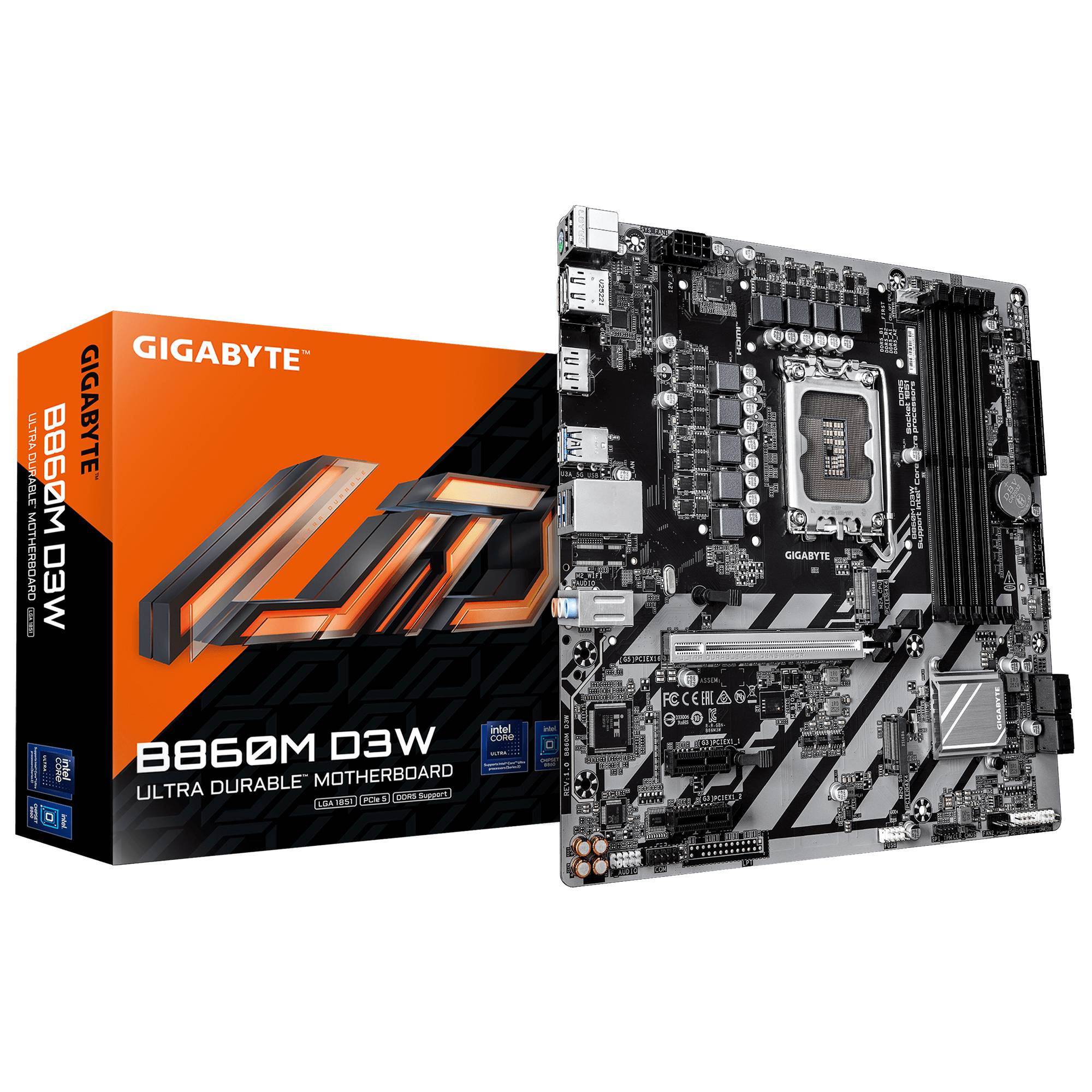 Gigabyte B860M D3W Ultra Durable Motherboard mit seiner Einzelhandelsverpackung dargestellt, das einen Intel-CPU-Sockel und mehrere Erweiterungssteckplätze bietet.
