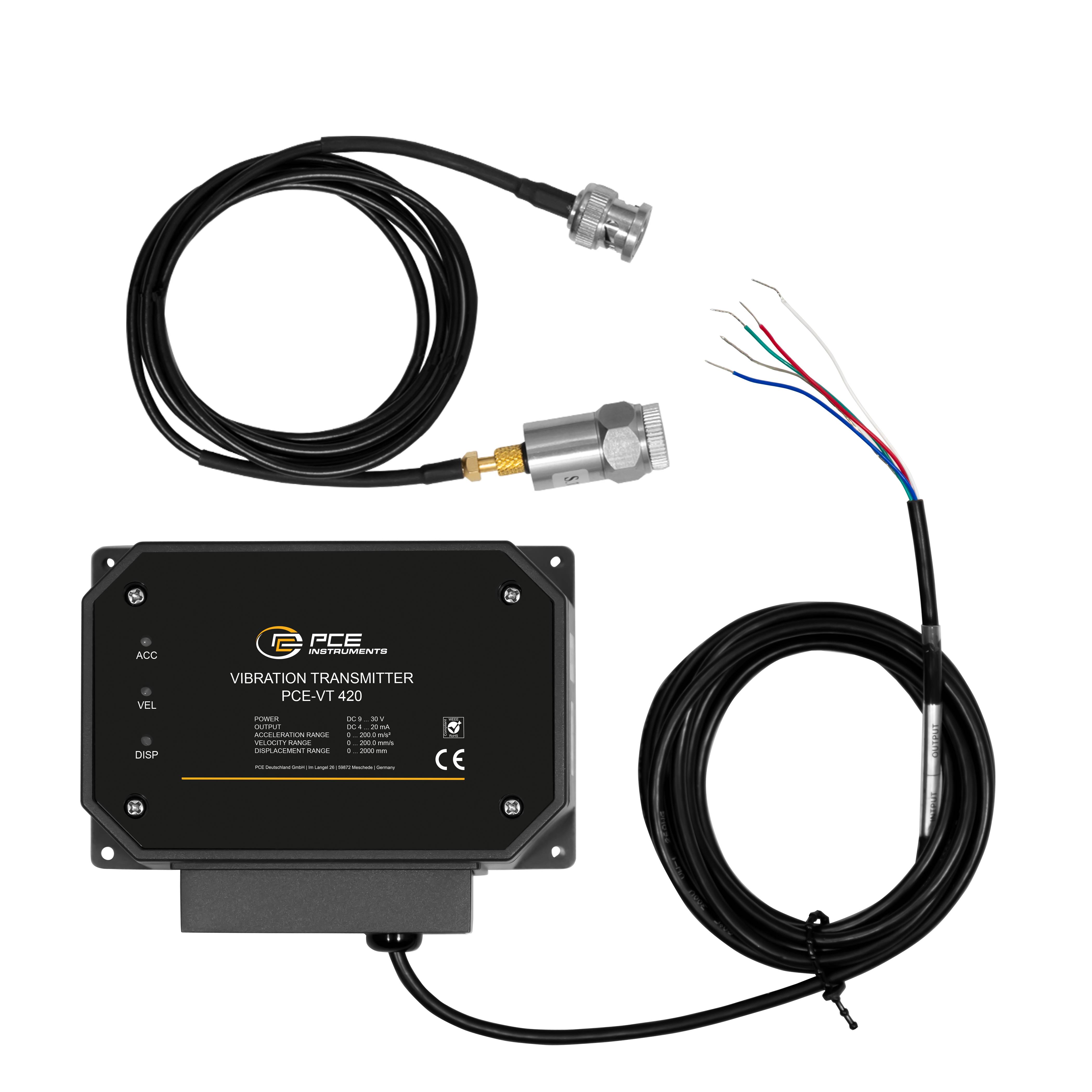 PCE Instruments Vibrationstransmitter PCE-VT 420 |RMS |Peak-Peak |Peak |Beschleunigung |Geschwindigkeit |Verschiebung