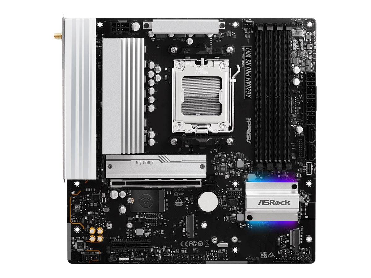 ASRock-Hauptplatine mit Intel-CPU-Sockel, RAM-Steckplätzen, PCIe-Steckplätzen und silbernen Kühlkörpern auf einer schwarzen Platine.