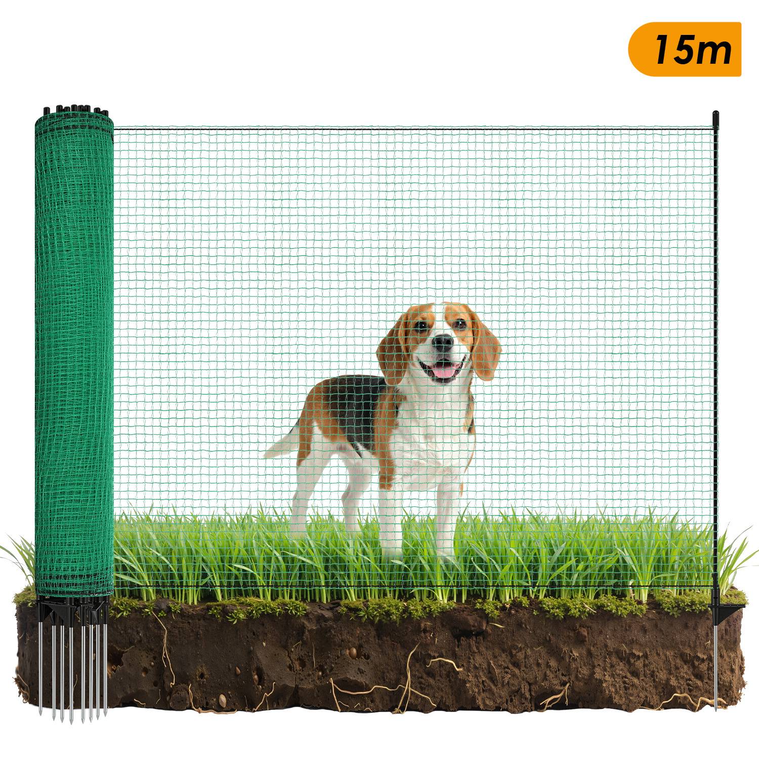 Mobiler Hundezaun Weidezaun 115 cm x 15 m – Elektrozaunnetz für Hunde, Hühner & Garten – Flexibler Begrenzungszaun mit Pfosten, Heringen und Iso