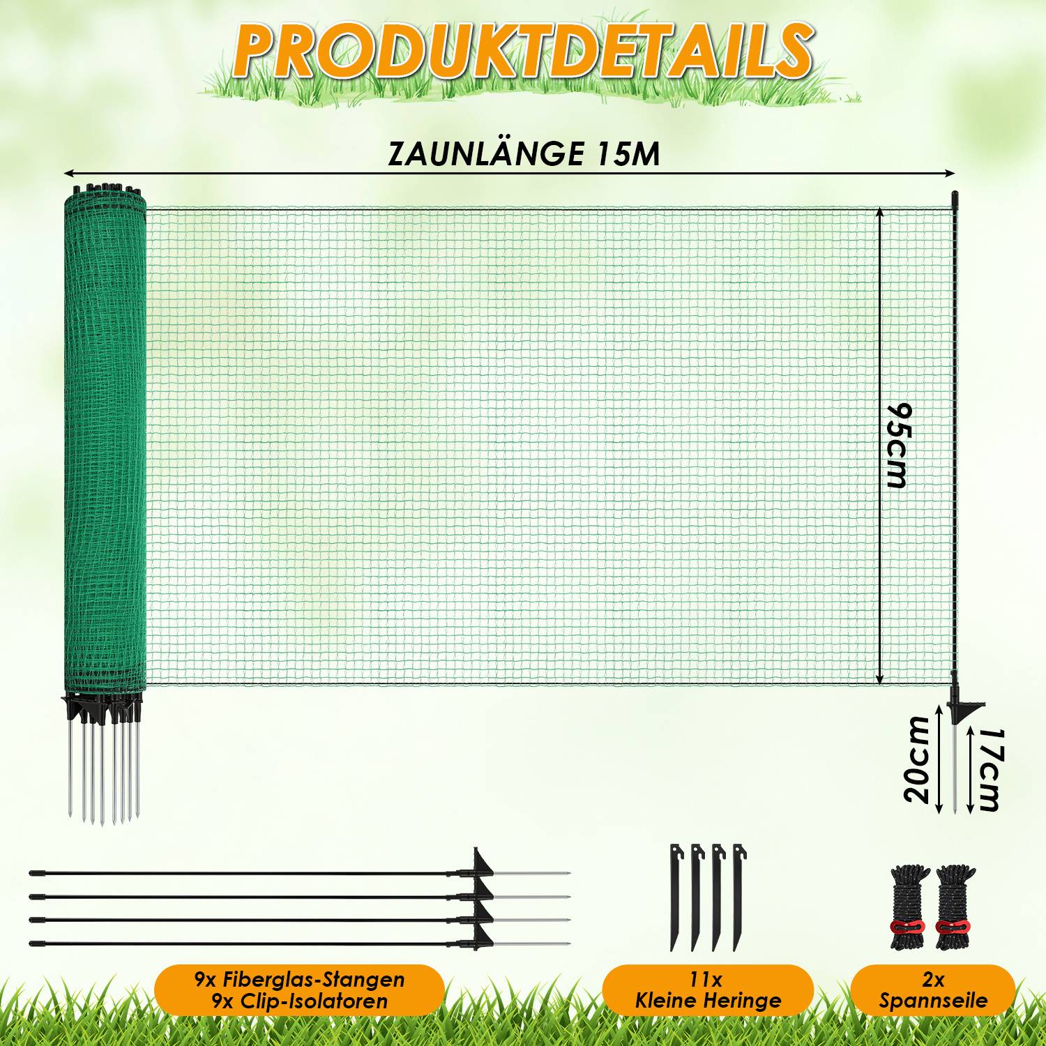 Mobiler Hundezaun Weidezaun 115 cm x 15 m – Elektrozaunnetz für Hunde, Hühner & Garten – Flexibler Begrenzungszaun mit Pfosten, Heringen und Iso