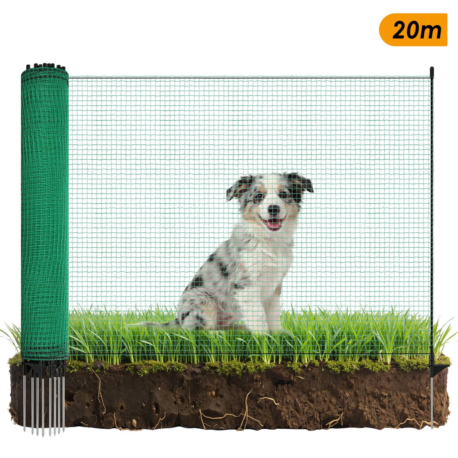 Mobiler Hundezaun Weidezaun 115 cm x 20 m – Elektrozaunnetz für Hunde, Hühner & Garten – Flexibler Begrenzungszaun mit Pfosten, Heringen und Iso