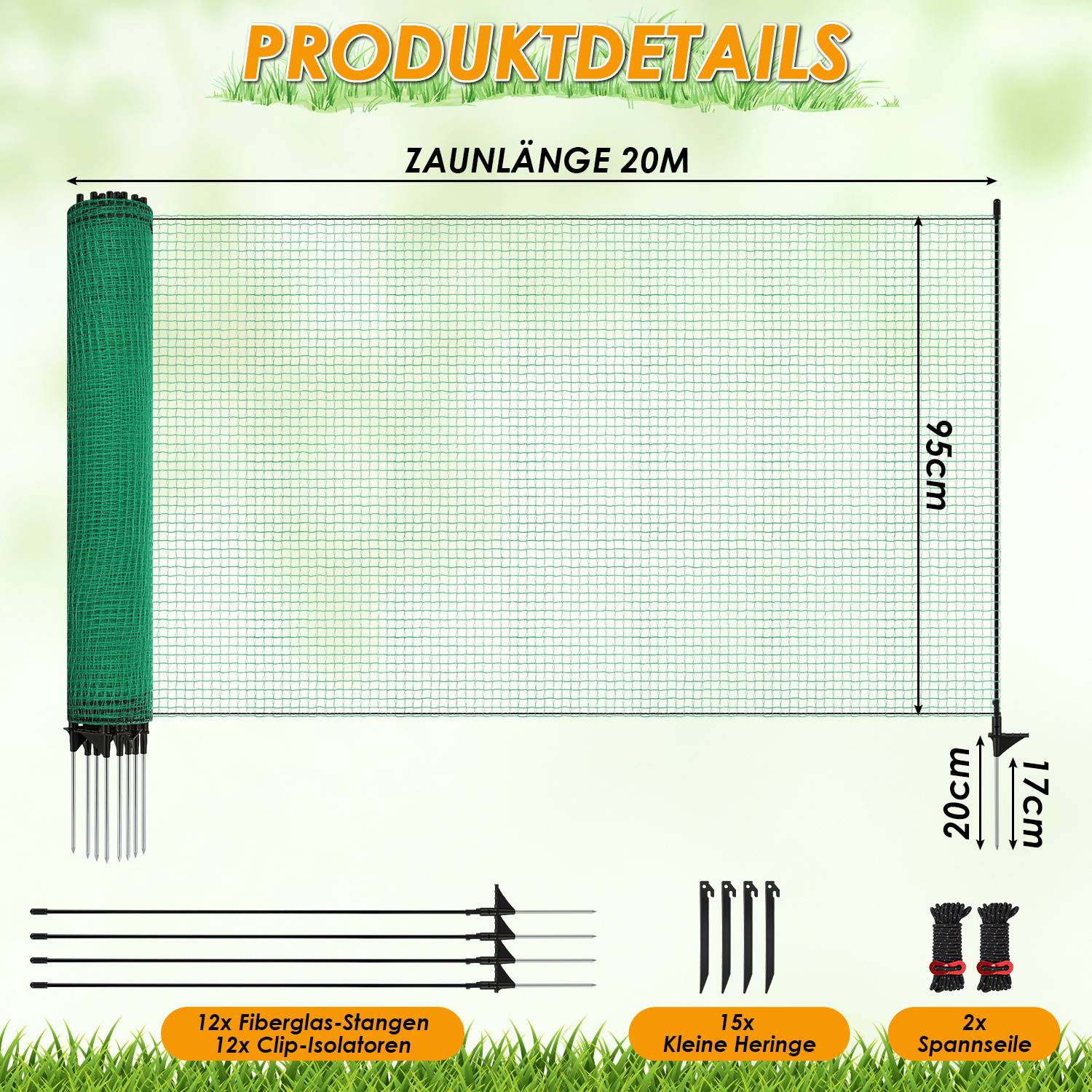 Mobiler Hundezaun Weidezaun 115 cm x 20 m – Elektrozaunnetz für Hunde, Hühner & Garten – Flexibler Begrenzungszaun mit Pfosten, Heringen und Iso