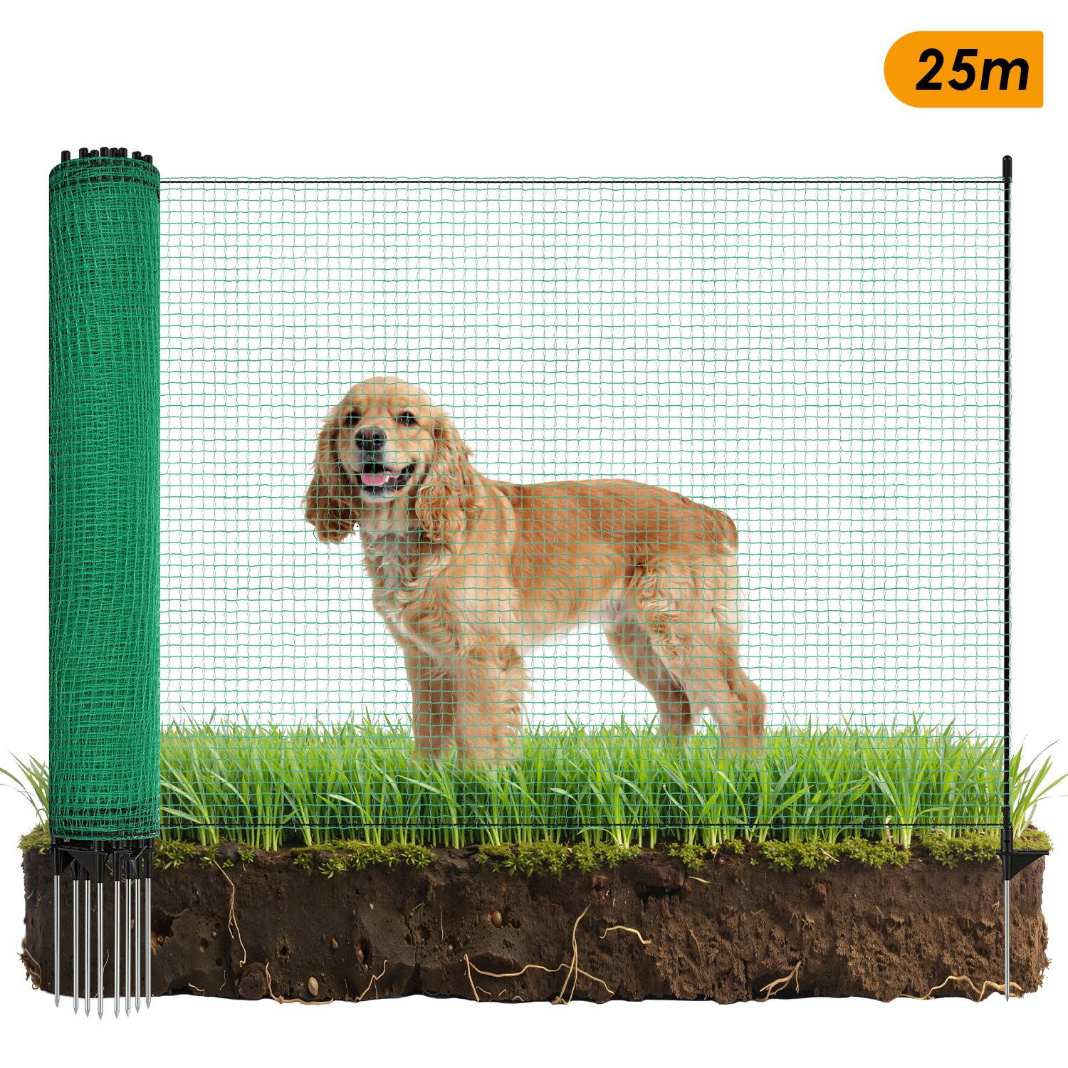 Mobiler Hundezaun Weidezaun 115 cm x 25 m – Elektrozaunnetz für Hunde, Hühner & Garten – Flexibler Begrenzungszaun mit Pfosten, Heringen und Iso