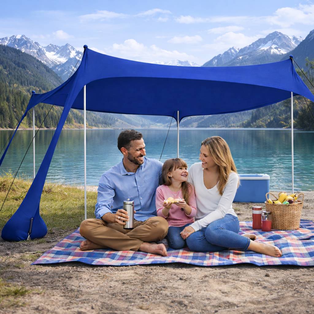 Strandmuschel Sonnensegel Strandzelt 300x300x200cm – Tragbares Strandzelt mit Alu-Stangen, UV-Sonnenschutz, einfacher Aufbau, blau