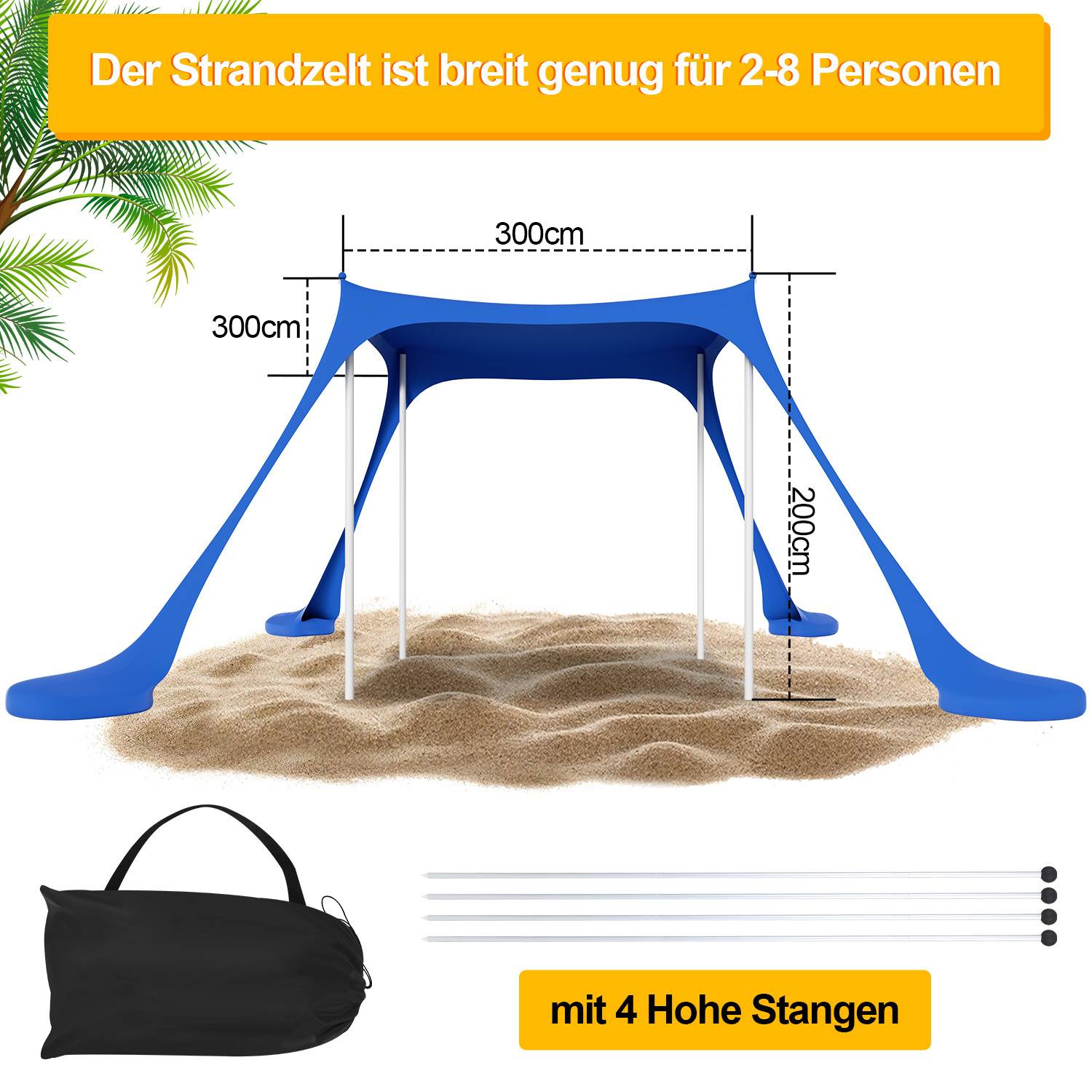 Strandmuschel Sonnensegel Strandzelt 300x300x200cm – Tragbares Strandzelt mit Alu-Stangen, UV-Sonnenschutz, einfacher Aufbau, blau