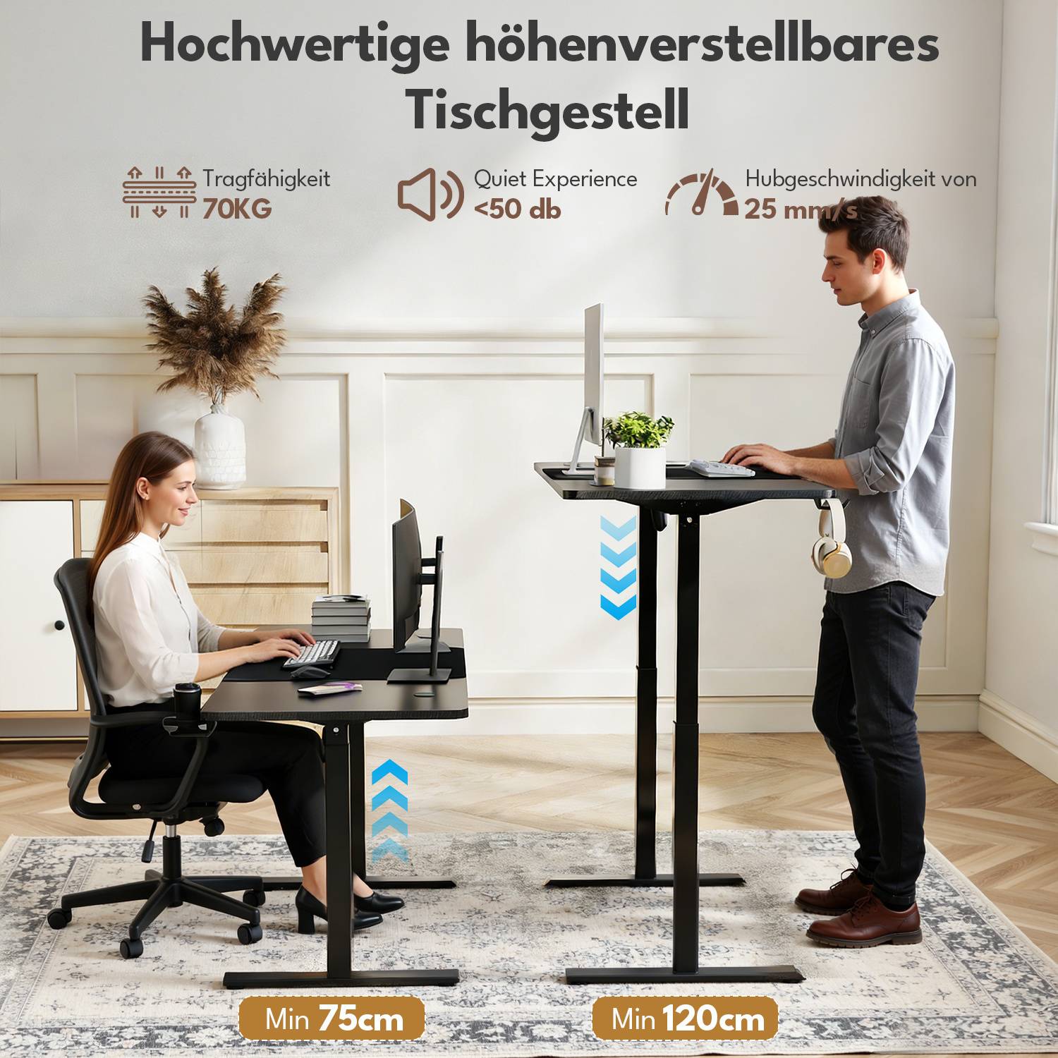 Elektrischer Schreibtisch höhenverstellbar 120x60 cm – Einmotor Tischgestell 2-stufig 55x55 mm, Sitz-Steh Tisch mit Tischplatte, Schwarz