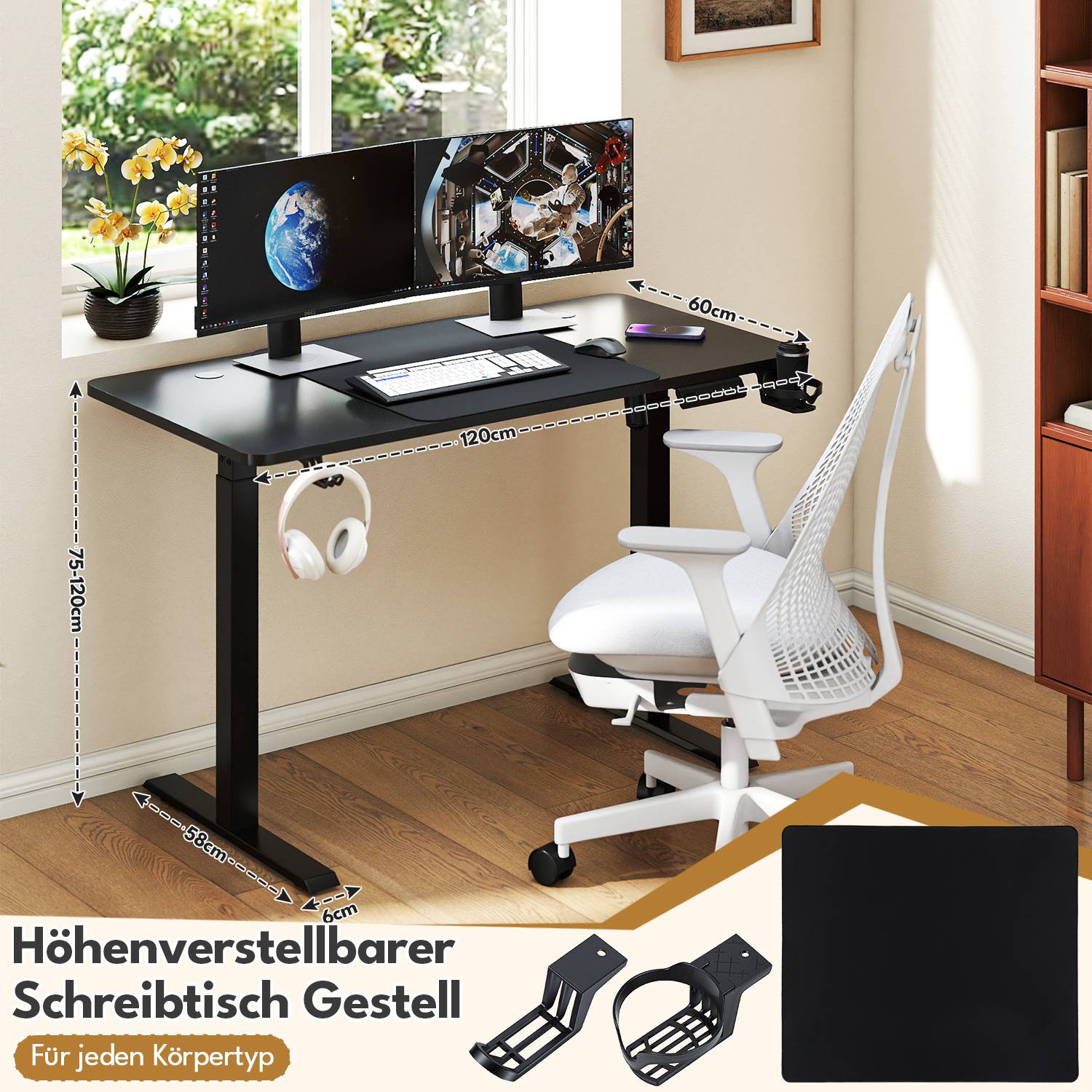 Elektrischer Schreibtisch höhenverstellbar 120x60 cm – Einmotor Tischgestell 2-stufig 55x55 mm, Sitz-Steh Tisch mit Tischplatte, Schwarz