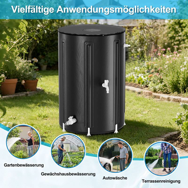 380L Regentonne Faltbar Schwarz mit Wasserhahn – Regenwassertonne Regenfass Wassertank PVC Regenwasserspeicher für Garten