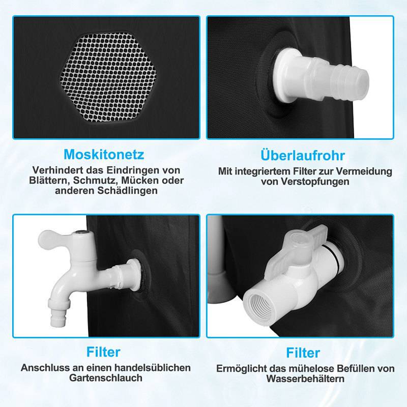 380L Regentonne Faltbar Schwarz mit Wasserhahn – Regenwassertonne Regenfass Wassertank PVC Regenwasserspeicher für Garten